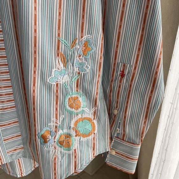Robert Graham Contrast Flip Cuff Teal Orange Blue Striped Floral Embroidered L - Picture 3 of 7